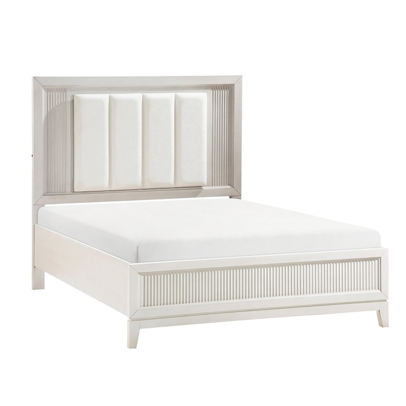 Grand lit à tête de lit à DEL Led en blanc antique, mobilier de chambre à coucher moderne avec tête de lit, Essentials