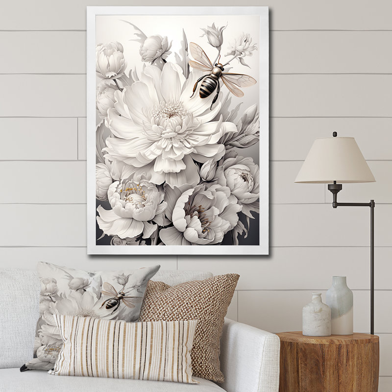 «White Buzzing Bees Flowers 2», art mural insectes et insectes, Cadre simple blanc, H 40 po x l 30 po x P 1,5 po
