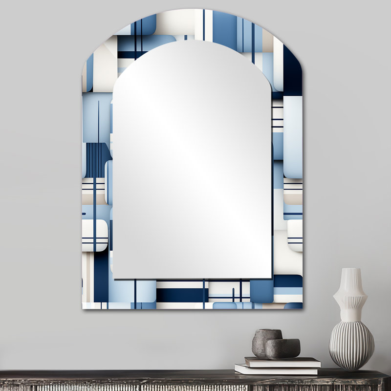 Harmonie de blocs géométriques blancs et bleus - grand miroir mural de forme unique géométrique, miroir décoratif bleu à forme libre, impression d'art en métal