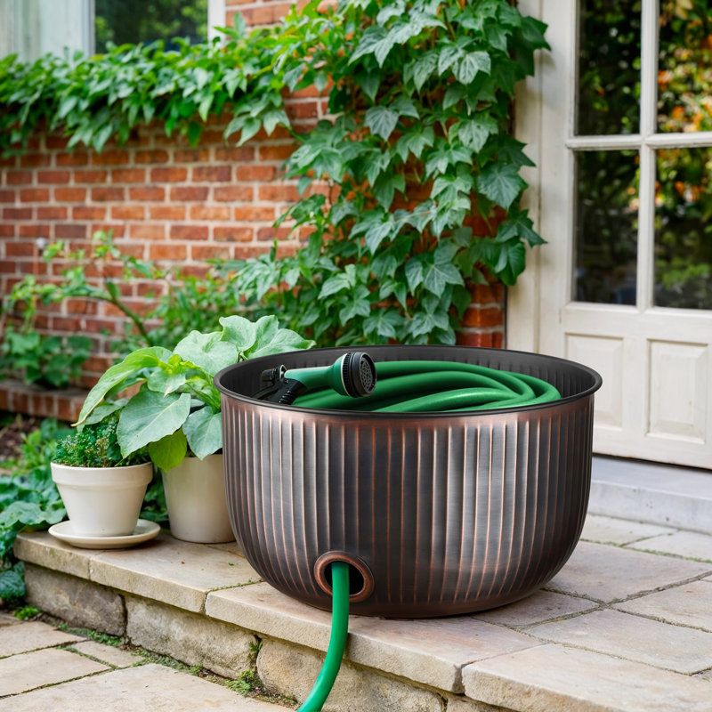 Support de tuyau de jardin en métal gaufré à la main avec couvercle, cuivre antique, Antique Copper Finish