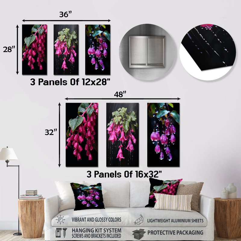 Colibri rose fuchsia I - ensemble de 3 décorations murales en métal rose fuchsia, H 28 po x l 36 po