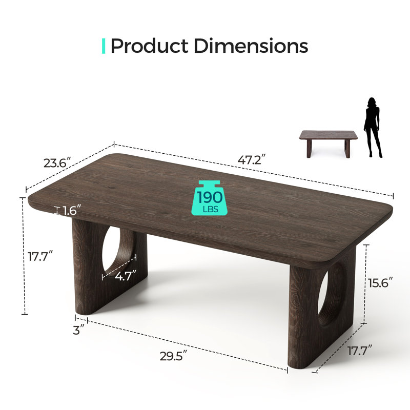 47" Solid Wood Rectangle Coffee Table, Mid Century Modern Center Table for Living Room, Dark Brown