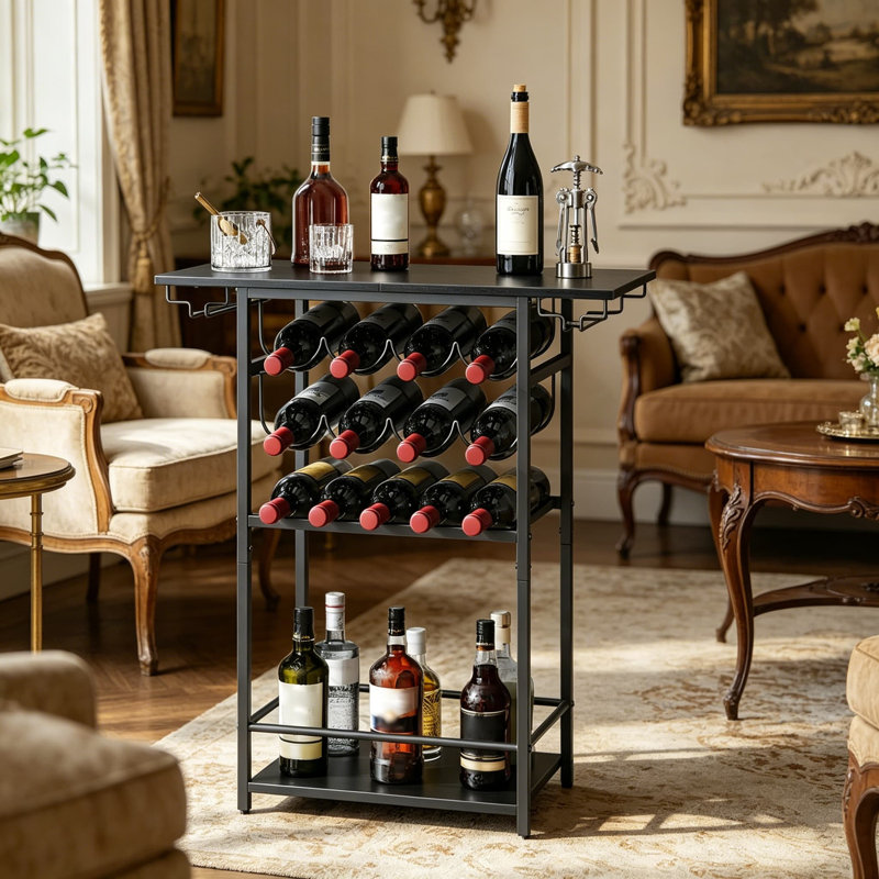 Support à vin autoportant à 5 niveaux avec porte-verres à pied, armoire de bar d'angle pour le rangement des bouteilles d'alcool et présentoir dans le bar, la cuisine ou le salon