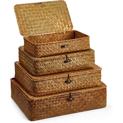Set Of 4 Seagrass Basket With Lid Wicker Storage Basket Decorative Storage Boxes With Lids Flat Storage Bins Woven Organizer Baskets For Shelf Closet Bedroom,Brown