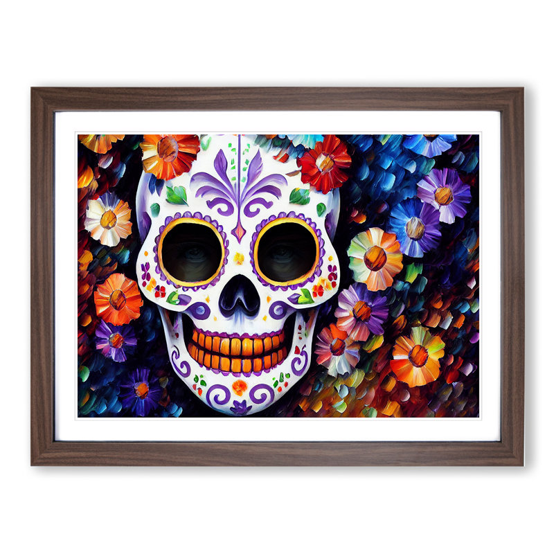 XH1022-7114X Precious Floral Sugar Skull - Single Picture Frame Print, 25cm H x 34cm W x 2cm D, Walnut Framed