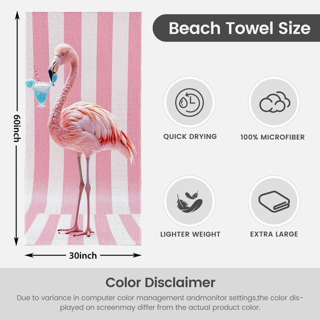  Serviette de plage légère en microfibre, absorbante et sans décoloration, 30 po x 60 po, flamant cocktail, Cocktail Flamingo