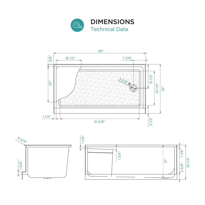 60" W x 32" D Single Threshold Shower Base with Seat, Right