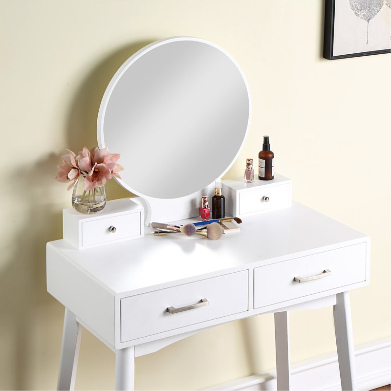 White Wood Vanity Stool - Modern Style, Cushioned Seating, 31.5"W X 15.75"D Table Top, 48.4 Lb Package And In Contemporary Drawer Space, 16.7"W 12.6"D Stool, 32.41"W 16.7"D 53.77"H