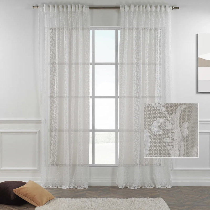 Extra Long and Extra Wide Classic Lace Patterned Sheer Curtain Panels, White, 100" W x 108" L
