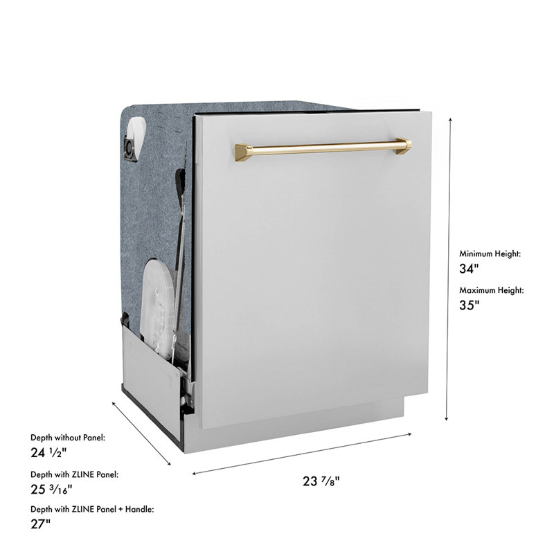 ZLINE Autograph 24 in. 3rd Rack Dishwasher w/ Auto Door Open, 44dBa, Steel Panel & Gold Handle, Gold