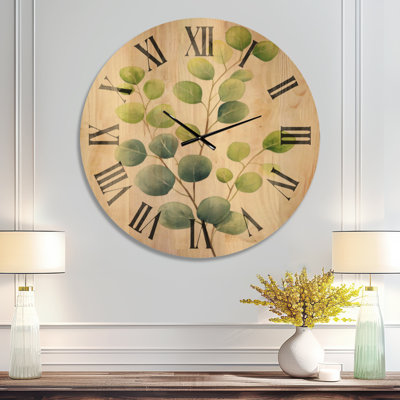 Horloge murale surdimensionnée en bois vert - Branches d'eucalyptus aquarelle