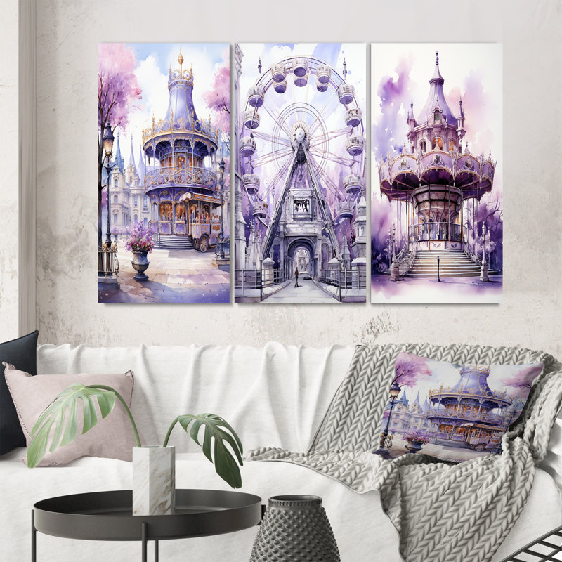 "Carrousel de la grande roue mauve" - 3 pièces sur toile, Toile tendue, H 20 po x l 36 po