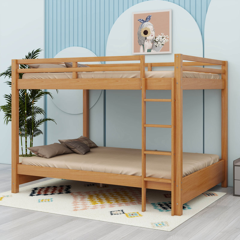 Wood Queen Size Bunk Bed With Ladder, Wood Color
