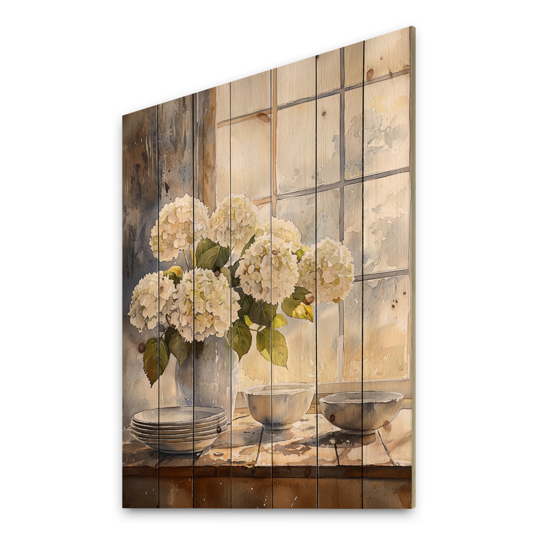 Hortensias dans le coin-repas I - impression d'hortensias sur bois de pin naturel, H 32 po x l 24 po x P 0,78 po