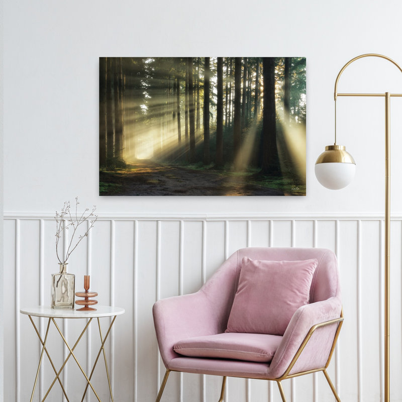 «Pathway To Sunlight», art contemporain de paysage de forêt, H 24 po x l 36 po