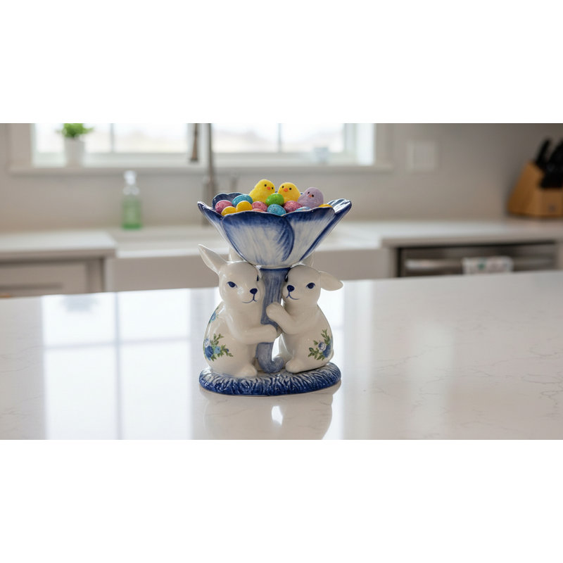 Easter Rabbits Candy Dish With Blue Roses