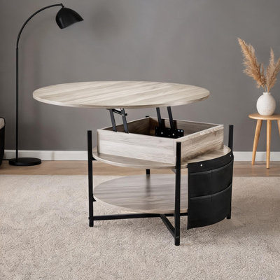 Table basse à plateau rond en fer avec rangement caché et finition gris ardoise, 35,3