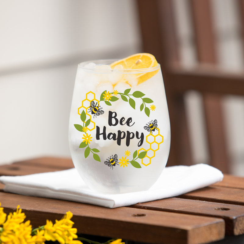 Bee Happy Stemless Glass, 17oz, Gift Box