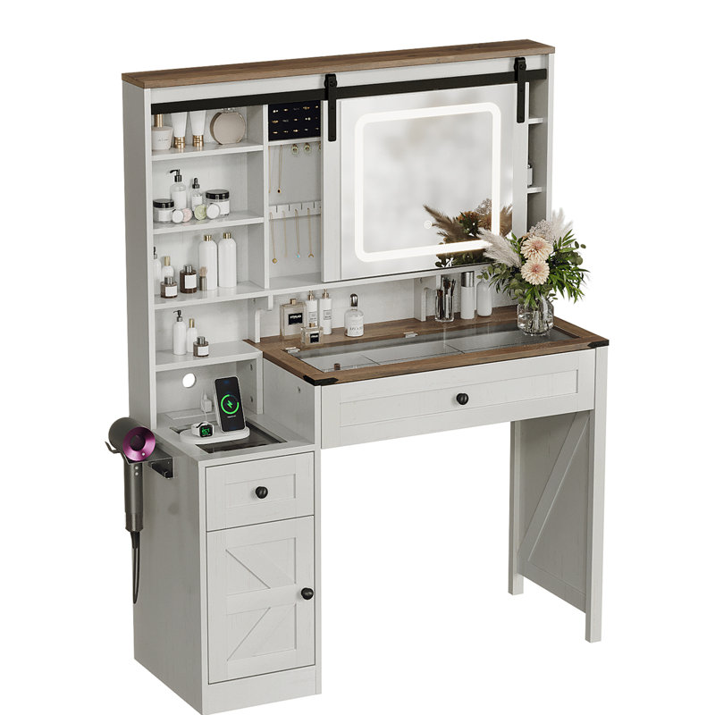 Glass Top Dressing Table - Jewelry Mirror Cabinet, 2 Drawers, LED Touch Lights & Power Strip, White/Brown