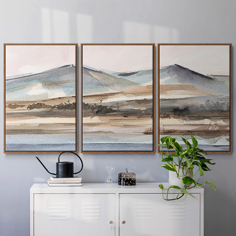Autumn Mountain Valley II, peinture sur toile 3 pièces, H 24 po x l 48 po, Cadre noyer