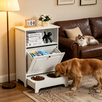 Alimentateur pour chien avec rangement en bois blanc