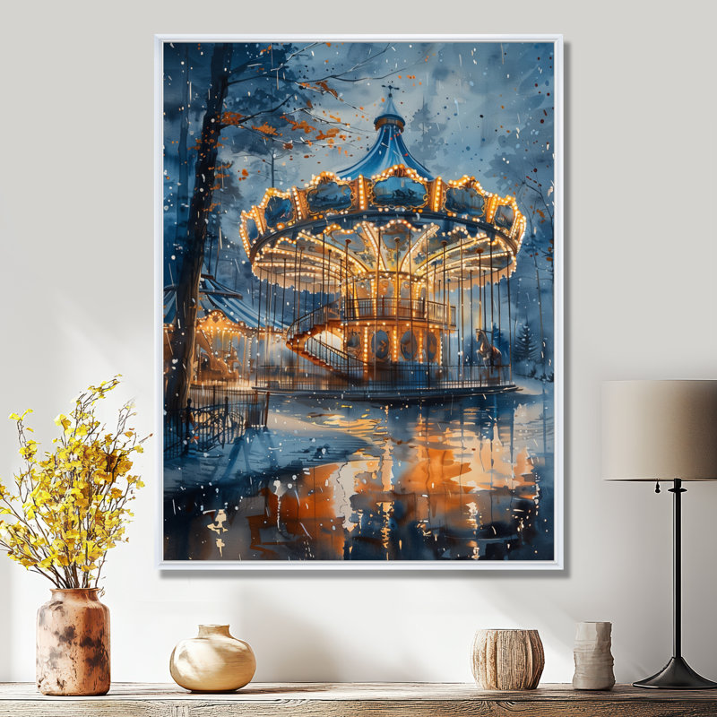 Carrousel cheval jaune et jaune, Toile encadrée flottée blanche, H 32 po x l 16 po x P 1 po