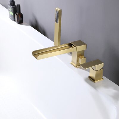 Bathroom Brass Roman Tub Filler, Dual Handle Deck Mounted Tub Filler With Hand Shower -  Designer Collection, DC0929