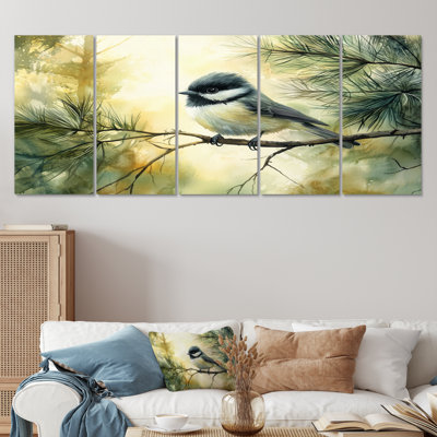 Chickadee Bird In The Autumn Pines II - Art mural oiseau - ensemble d'art mural moderne