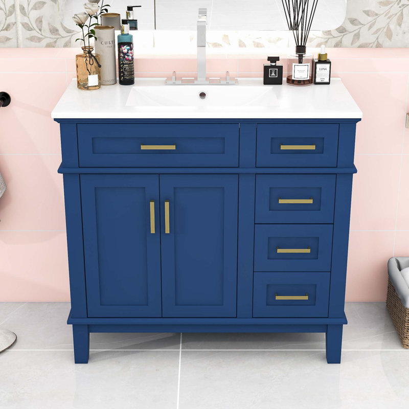 Meuble-lavabo de 36 po avec deux portes à fermeture douce et quatre tiroirs, Bleu