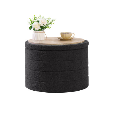 Collapsible Storage Ottoman Round with Tray Teddy Fabric Living Room Bedroom Ottoman with Storage