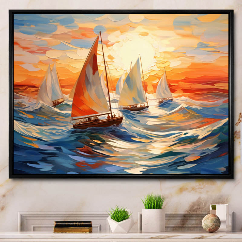 Voilier tourbillonnant, vagues sur toile, Cadre flottant noir, H 34 po x l 44 po x P 1,5 po