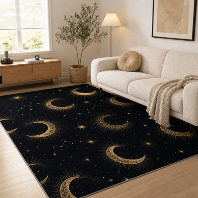1Pcs Celestial Moon and Stars Rug - Mystical Sunburst Crescent Design, Dark Black Gold Accent, Large Area Floor Mat, Non-slip Backing, Washable, Easy Clean, Perfect for Living Room Bedroom Kitchen Home Decor for home detor