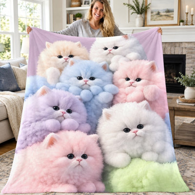 1pc Fluffy Kitten Throw Blanket, Cute Pastel Cats Pattern Flannel Blanket, Soft Cozy Lightweight Warm Blanket for Sofa Couch Bed Living Room Dorm Office Travel, Home Decor All‑Season Blanket,, Adorable Gift