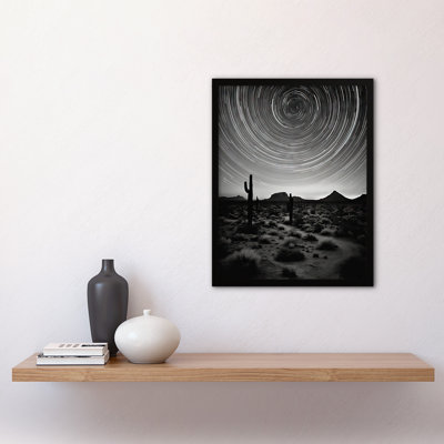 The Milky Way Time Lapse Star Trails Sky Black White Cactus - Single Picture Frame Print