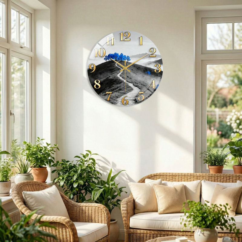 "Mountain Path", horloge murale en verre, 60 x 60 cm (23,6 x 23,6 pouces)