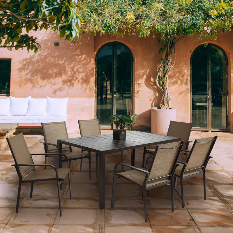 Fatushe Patio Dining Set Steel Rectangle Table with 6 Stationary Chairs, Brown/Beige