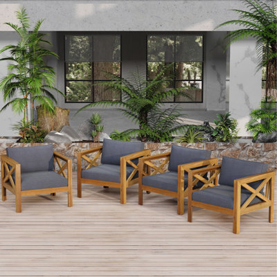 Outdoor Acacia Wood Club Wooden Armchair With Cushions (Set Of 4), Conversation Set,Suitable For Outdoor Gatherings,Teak Finish