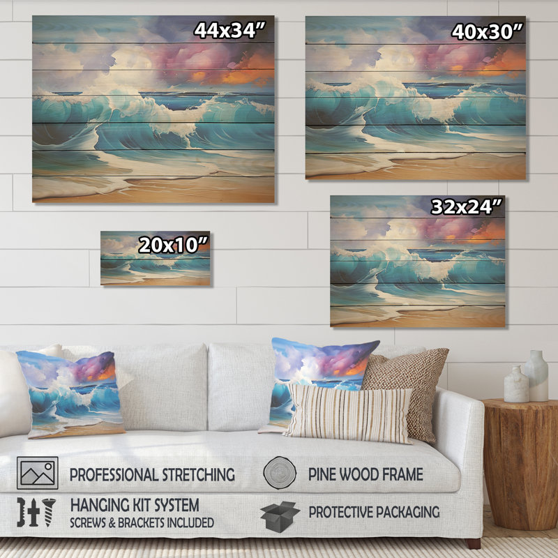 Shorline Waves Sunset I - vagues côtières sur bois, H 24 po x l 32 po x P 0,78 po