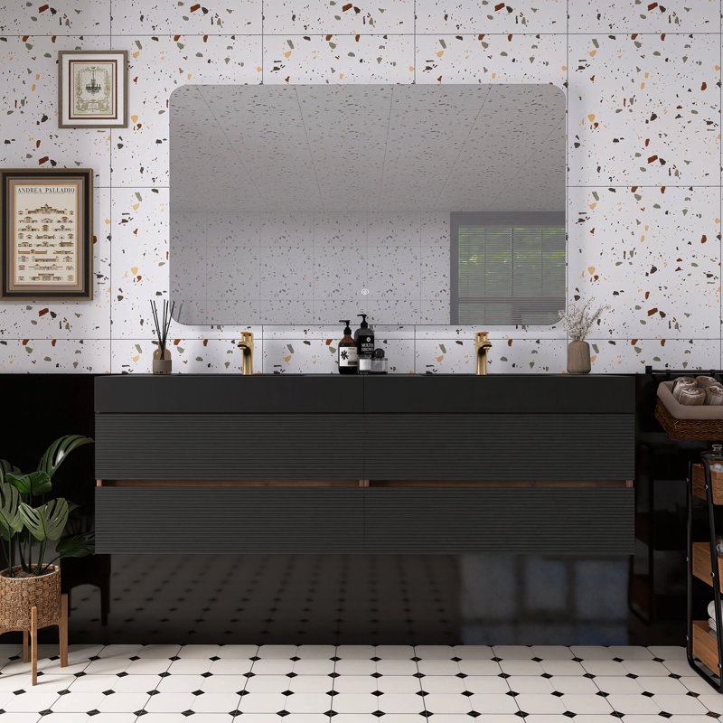 Lavabo de salle de bain noyer en quartz noir mat