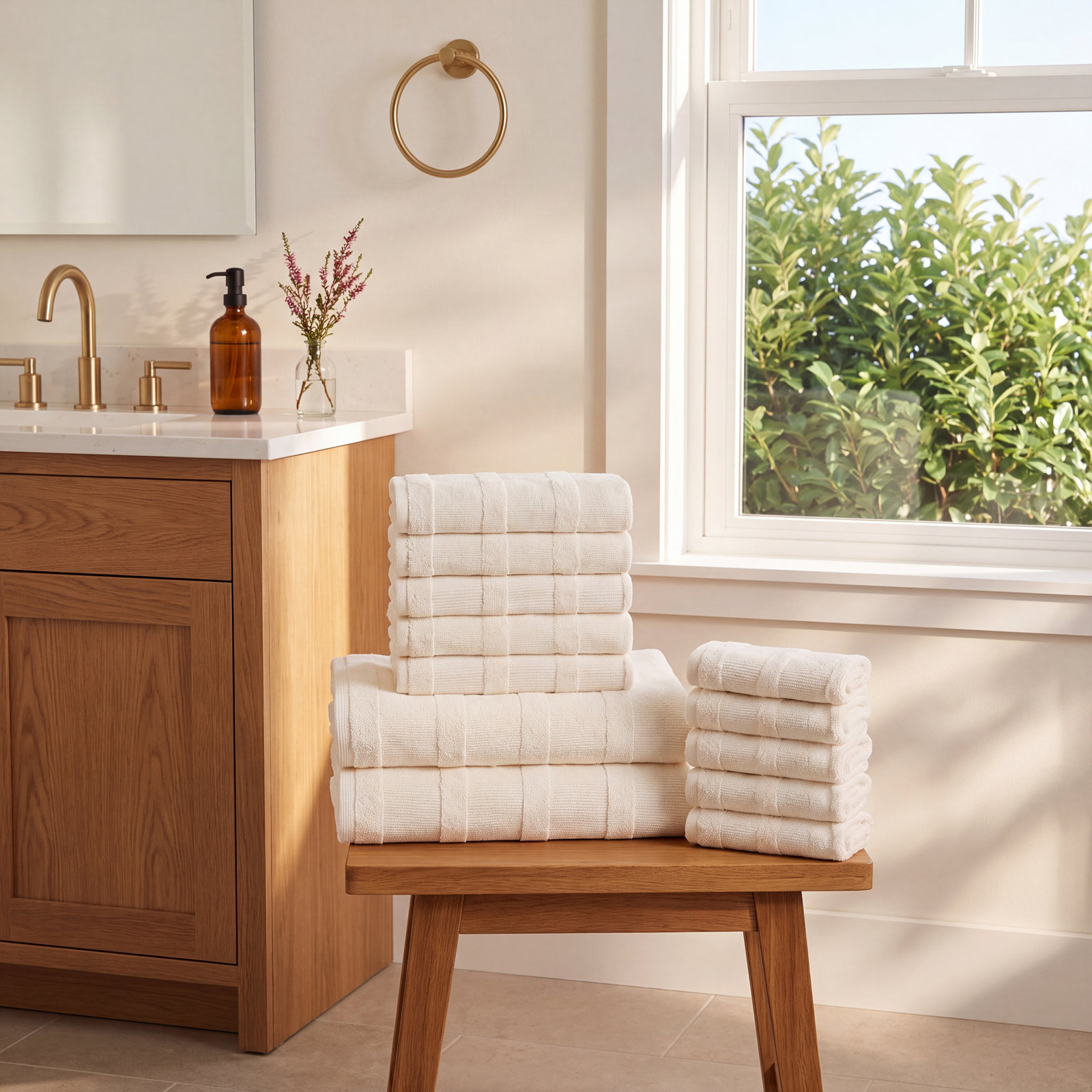 Oilton 12-Piece Ribbed Cotton Bath Towel Set, Ivory