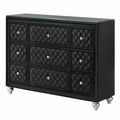 Glam 9-Drawer Dresser with Tufted Fronts, Faux Crystal Knobs & Tempered Glass Top