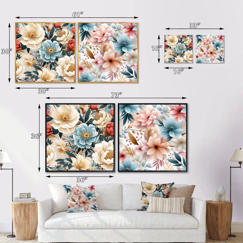 Boho - motif floral bohème pastel III - ensemble de 2 collages floraux carrés, H 16 po x l 33 po, Cadre flottant doré