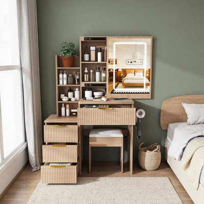 Meuble-lavabo moderne 31,5 po avec éclairage DEL et prise de courant | 4 tiroirs et plusieurs tablettes ouvertes, support pour sèche-cheveux, fauteuil inclus | Luminosité réglable, 3 modes de couleur