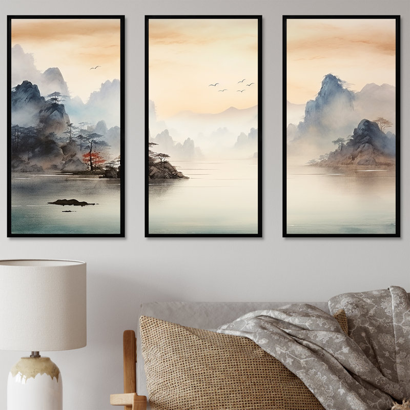 «Grey Tranquil Chinese Landscape Serenity II - China», art mural, H 28 po x l 36 po, Cadre flottant noir