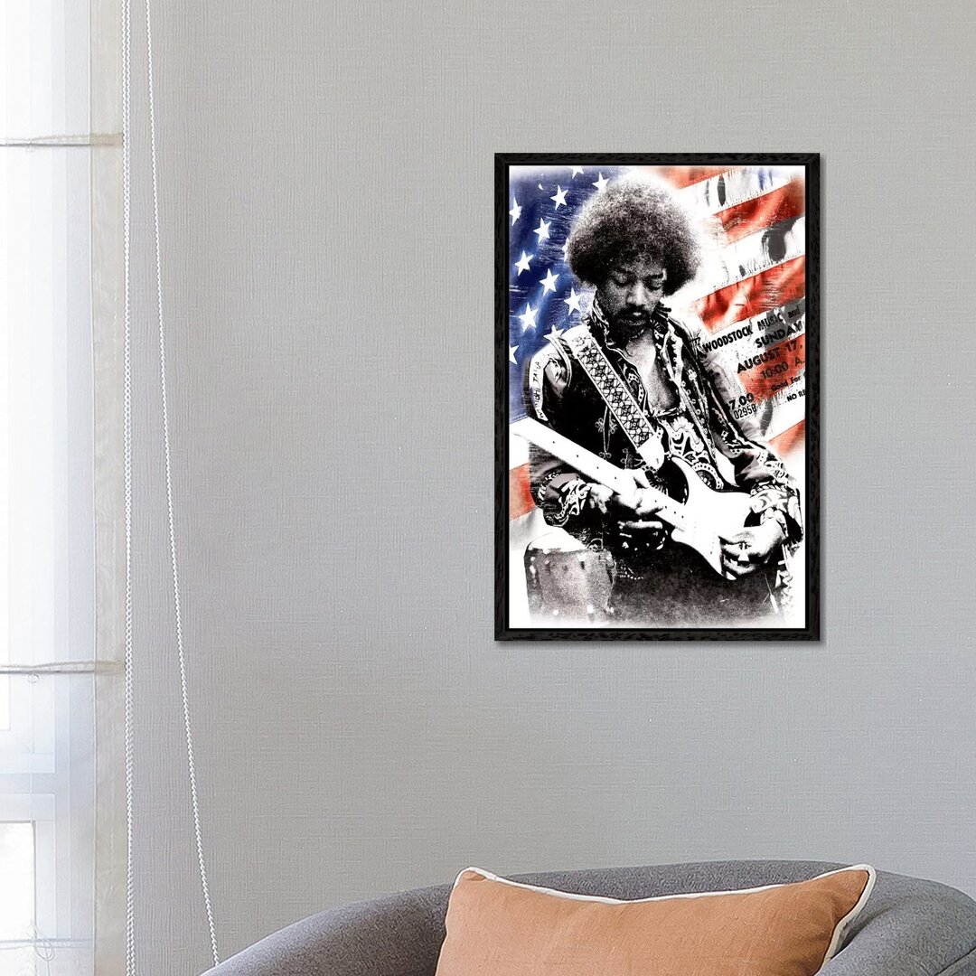 Fotodruck Jimi Hendrix (Hintergrund amerikanische Flagge)