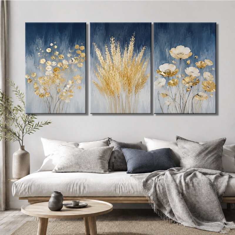 Tableau à 3 panneaux, motif floral doré séché sur fond marin, impression sur toile tendue pour salon, 16 * 24 pouces * 3