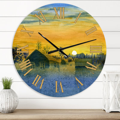 Yellow Frosty Winter Morning in The VilLage Watercolor - Farmhouse wall clock