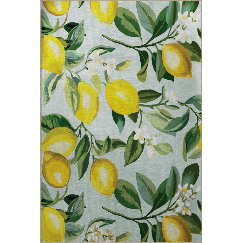 Light Blue-Themed Tree Branch and Lemon Patterned Modern Decorative Rug, Rectangle 4'11" x 7'6"