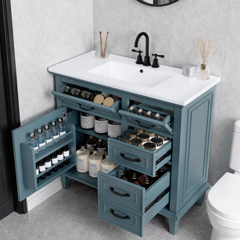 Meuble-lavabo moderne avec lavabo 36 po, armoire en bois massif gris-bleu avec tiroirs rabattables et porte à fermeture en douceur, capacité de 200 lb, meuble-lavabo autoportant