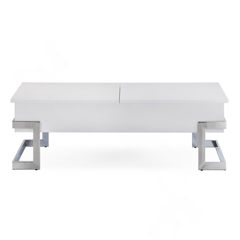 Table basse, blanc brillant et chrome avec plateau relevable, Blanc